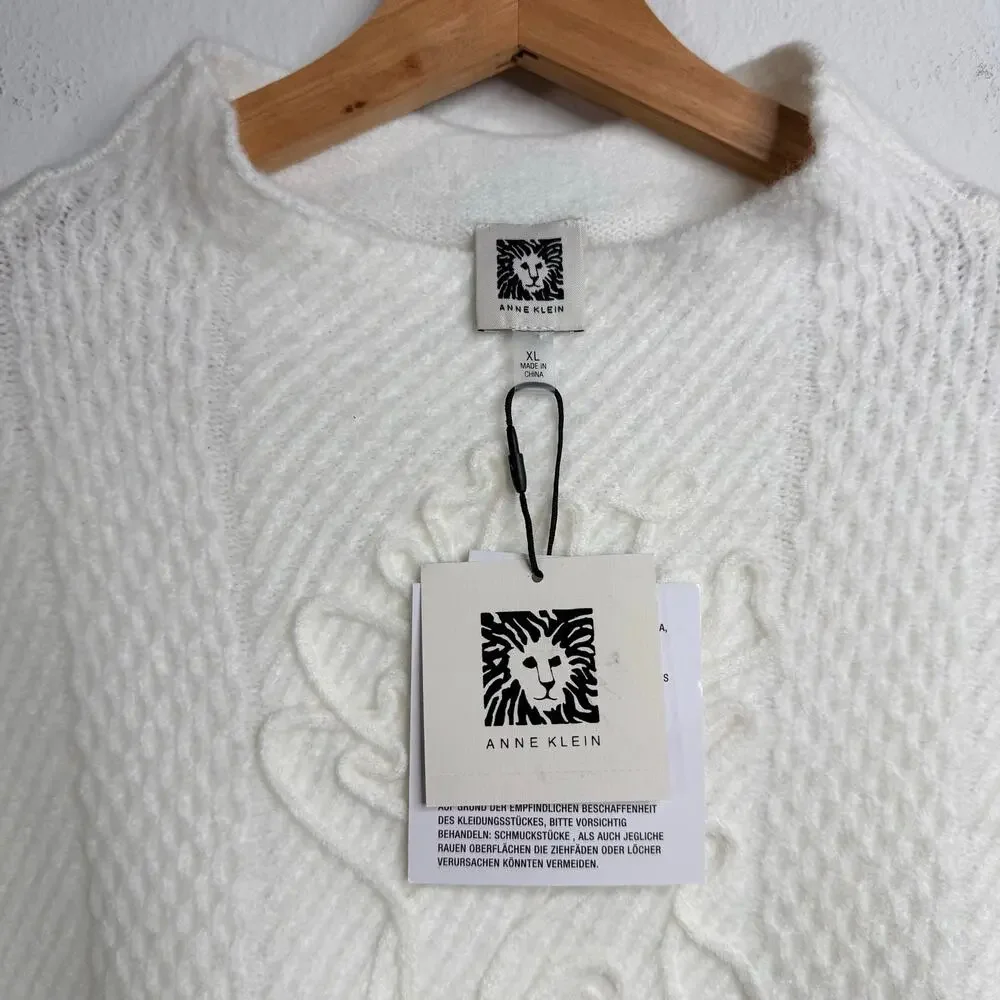 Anne Klein sweater wool blend cable knit embroidered XL